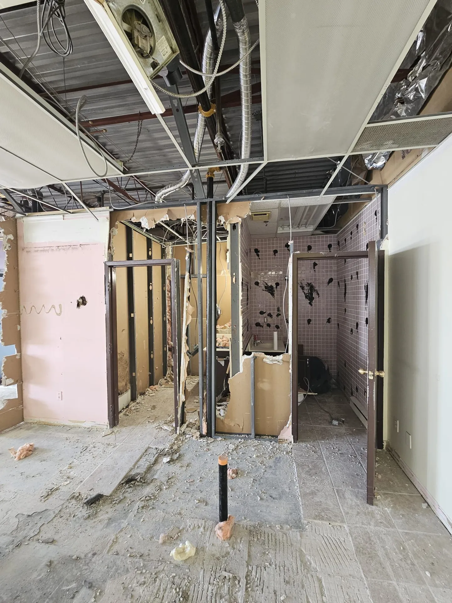 Full gut of a washroom with demolished partitions, tile remnants, exposed structure, and debris