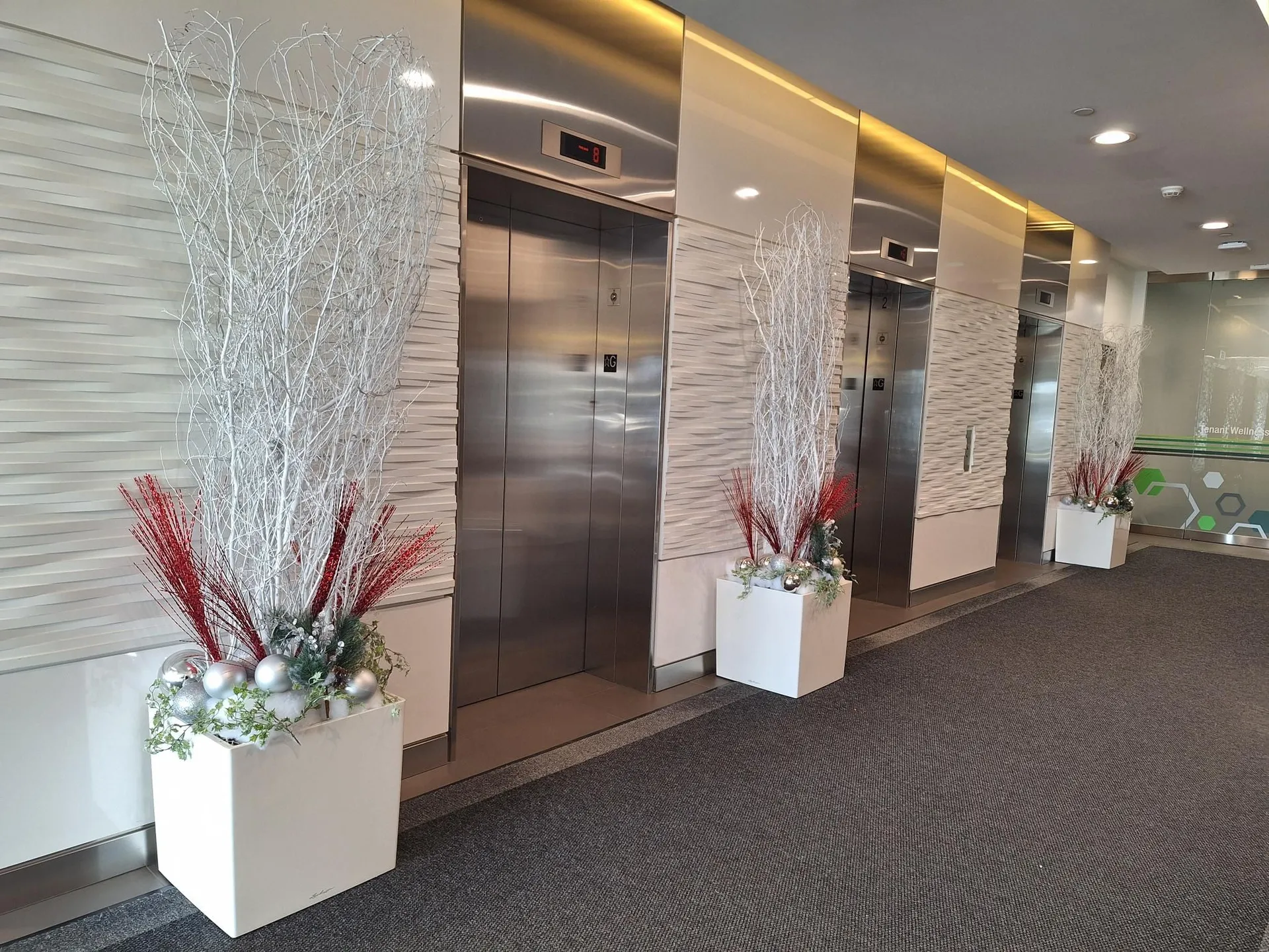 Elevator bank in an office lobby with three white planters of frosted branches and holiday ornaments
