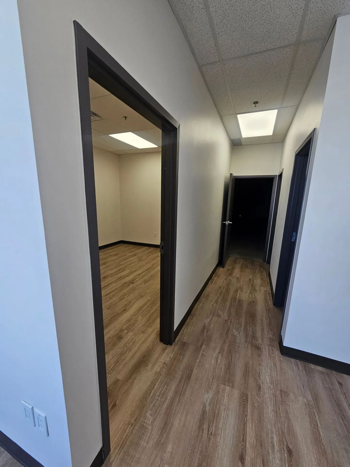 Corridor with dark door frames and new vinyl plank flooring