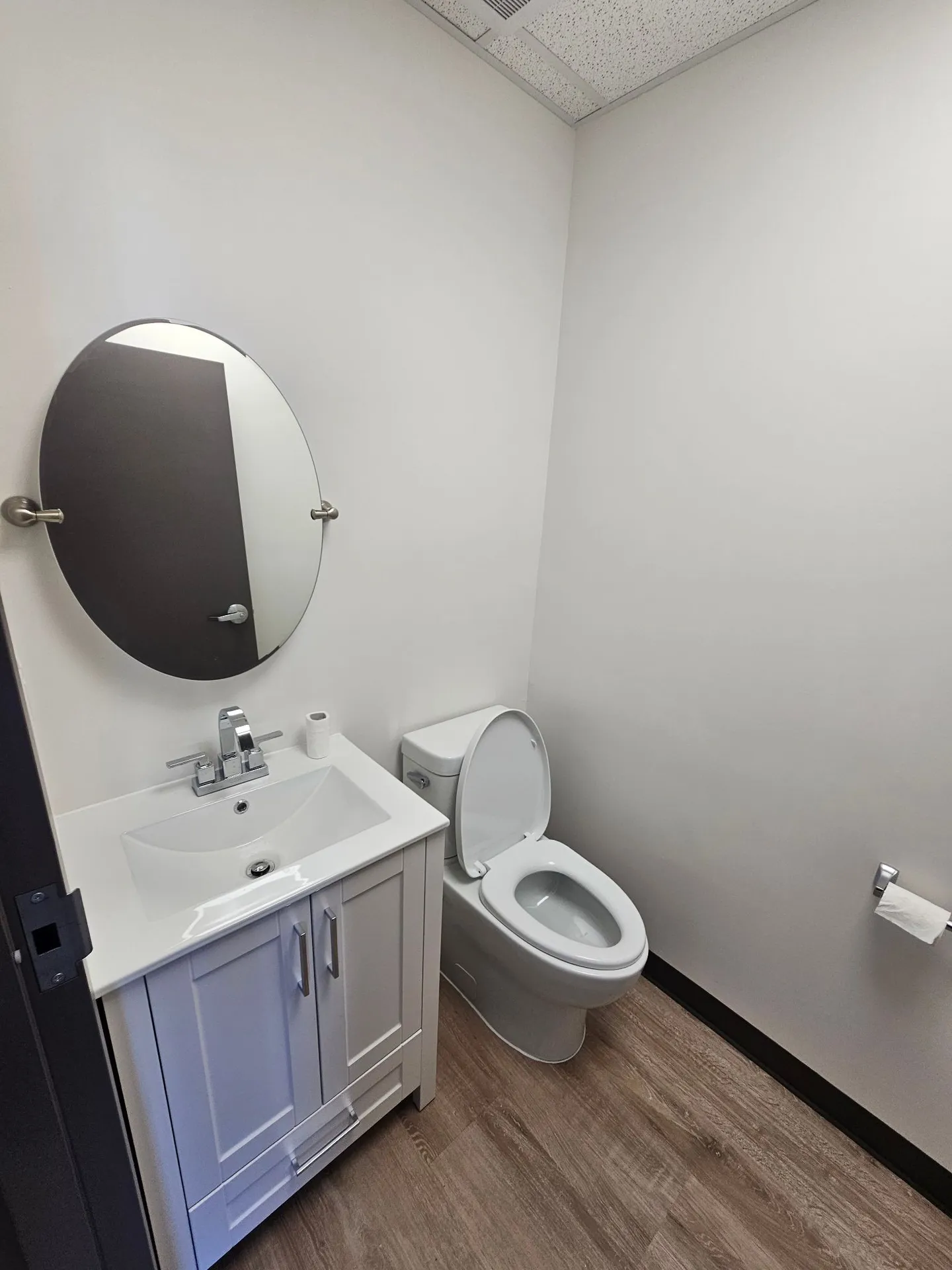 New washroom: white vanity, round mirror and vinyl-plank floor