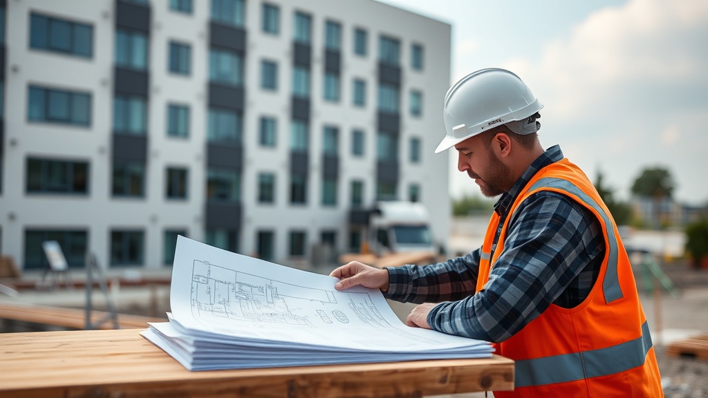 Commercial property intake desk with drawings, notes, and site photos