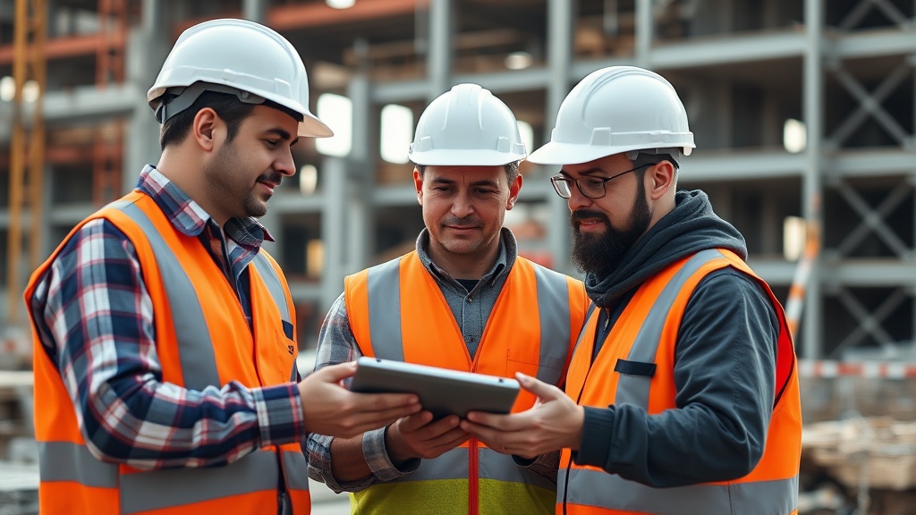 Commercial build-out walkthrough huddle reviewing the scope